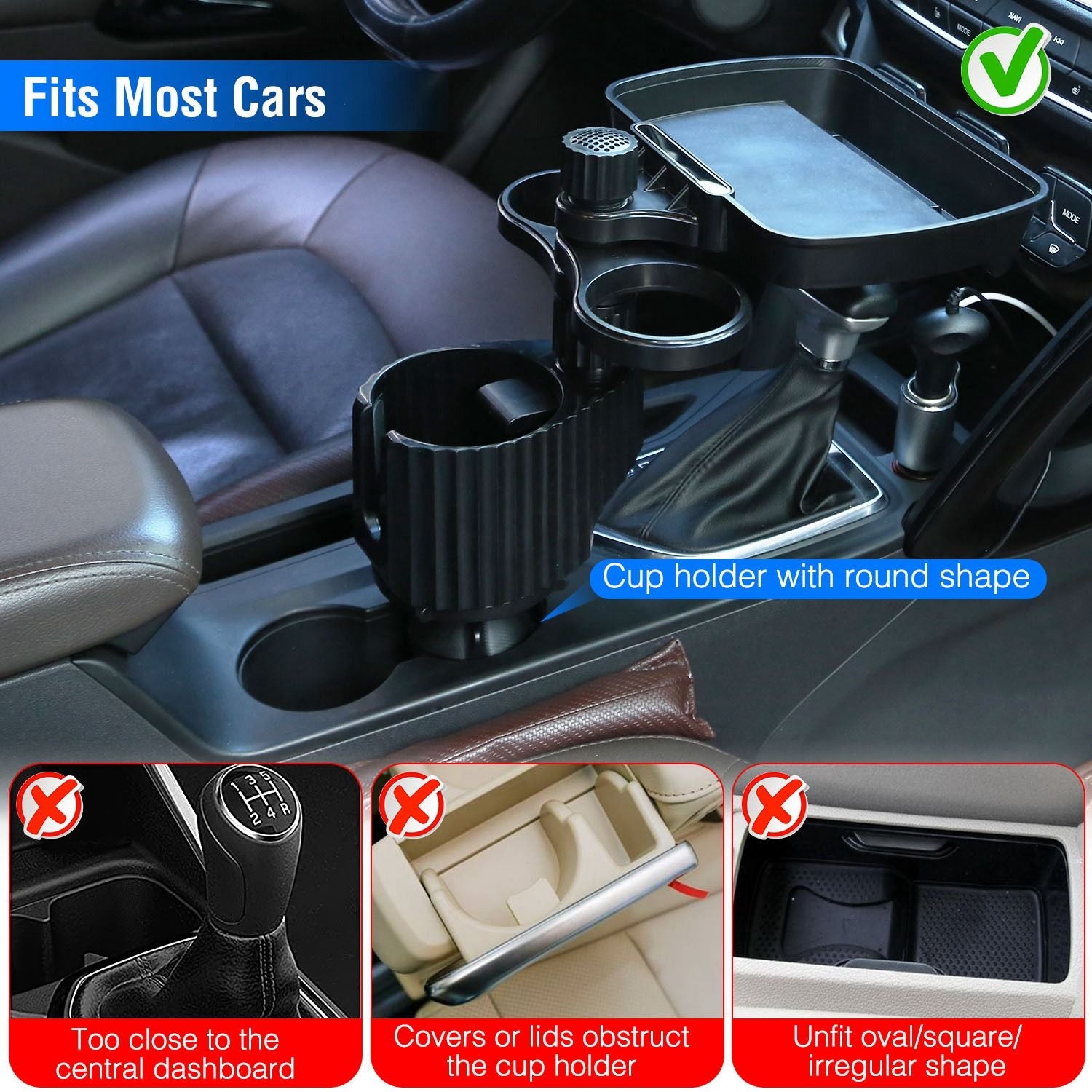 Adjustable car cup holder designed to fit most vehicles, featuring a round shape and extra storage tray, showcasing compatibility highlights and installation guidelines.