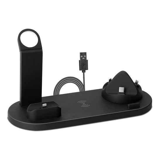 Black multi-device charging station with wireless charging pad, USB ports, and stands for smartphones and other gadgets.