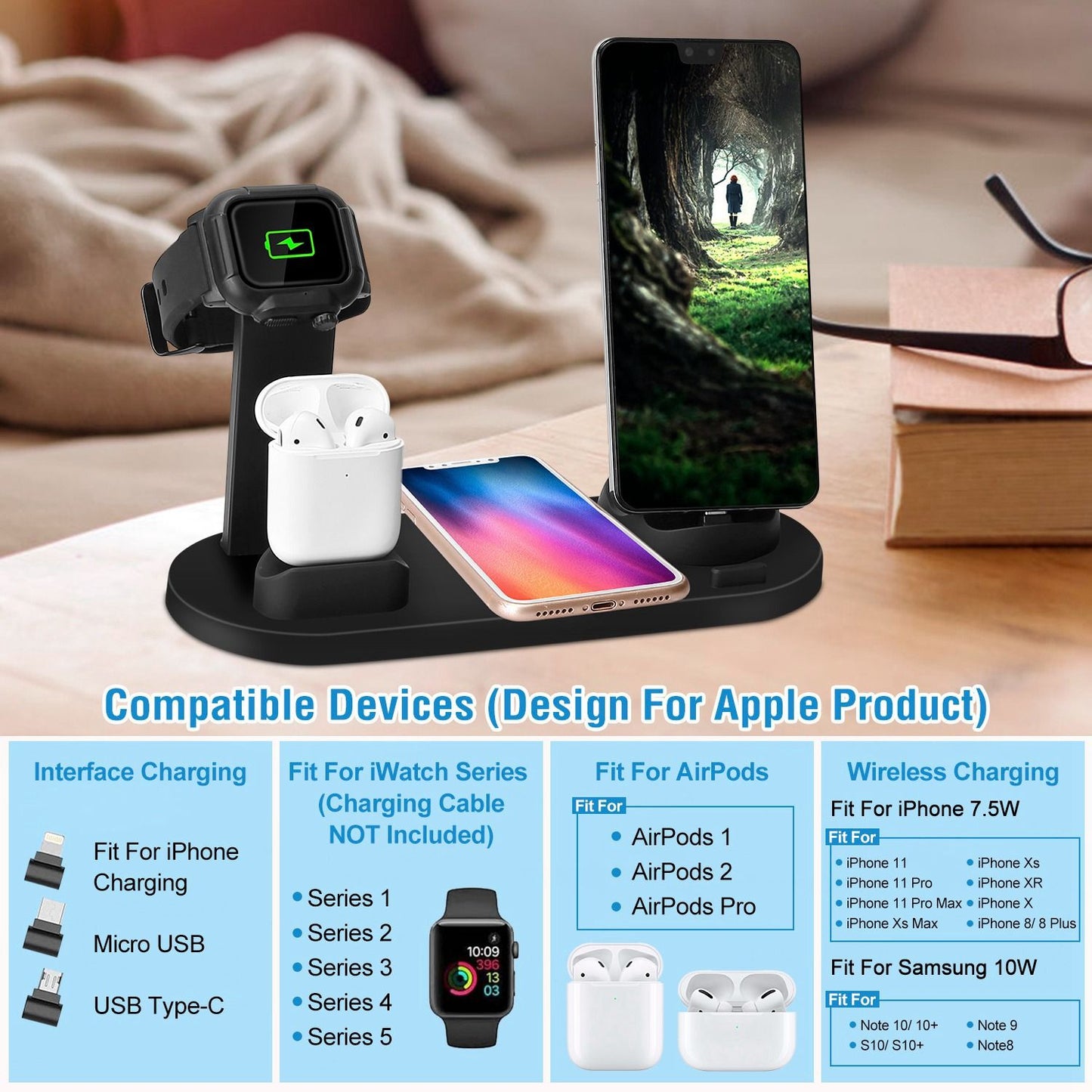3-in-1 charging station for Apple devices, including iPhone, Apple Watch, and AirPods, featuring wireless charging and multiple device compatibility.