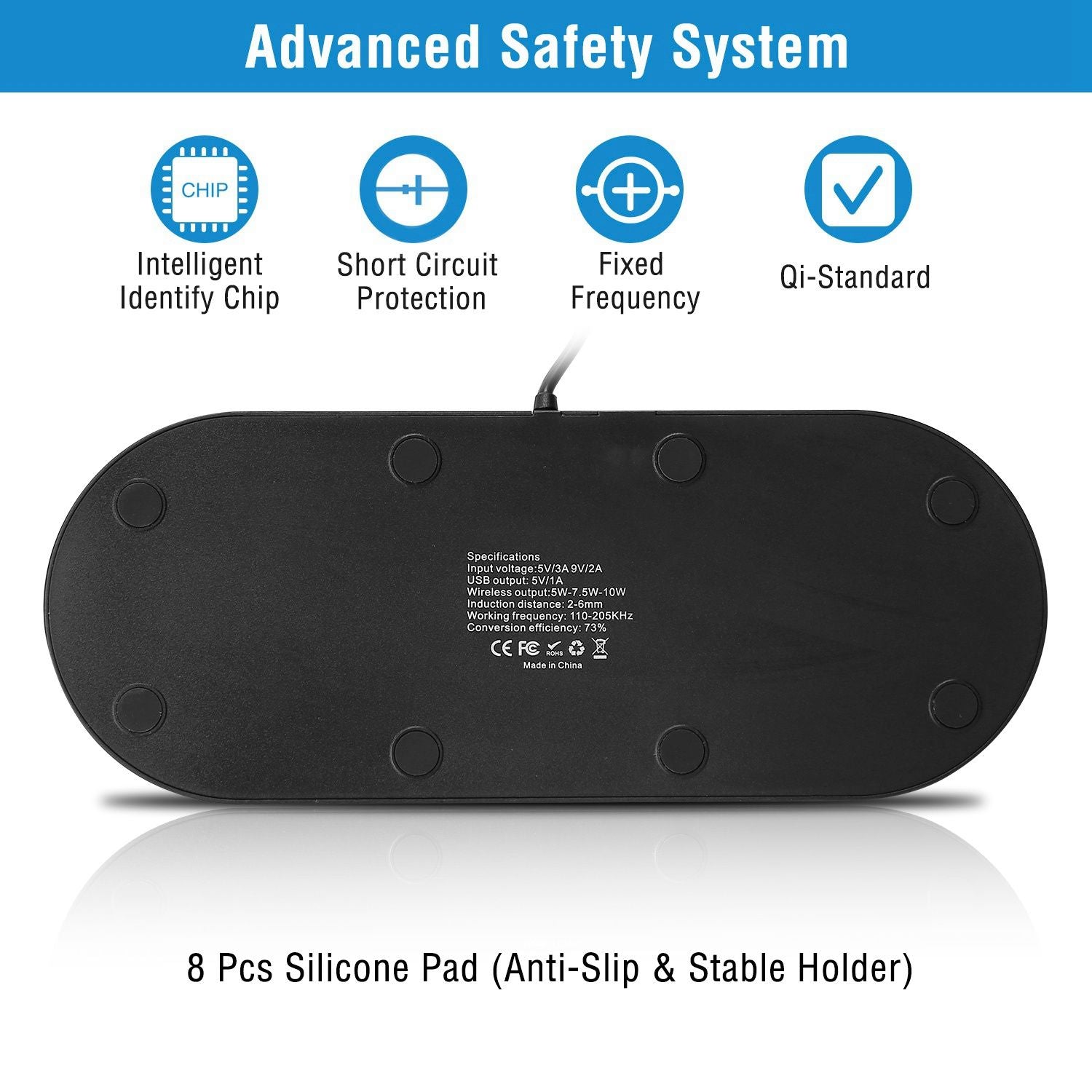 Wireless charger with advanced safety features, including short circuit protection and Qi-standard compatibility, showcasing an anti-slip silicone pad for stability and efficiency specifications.