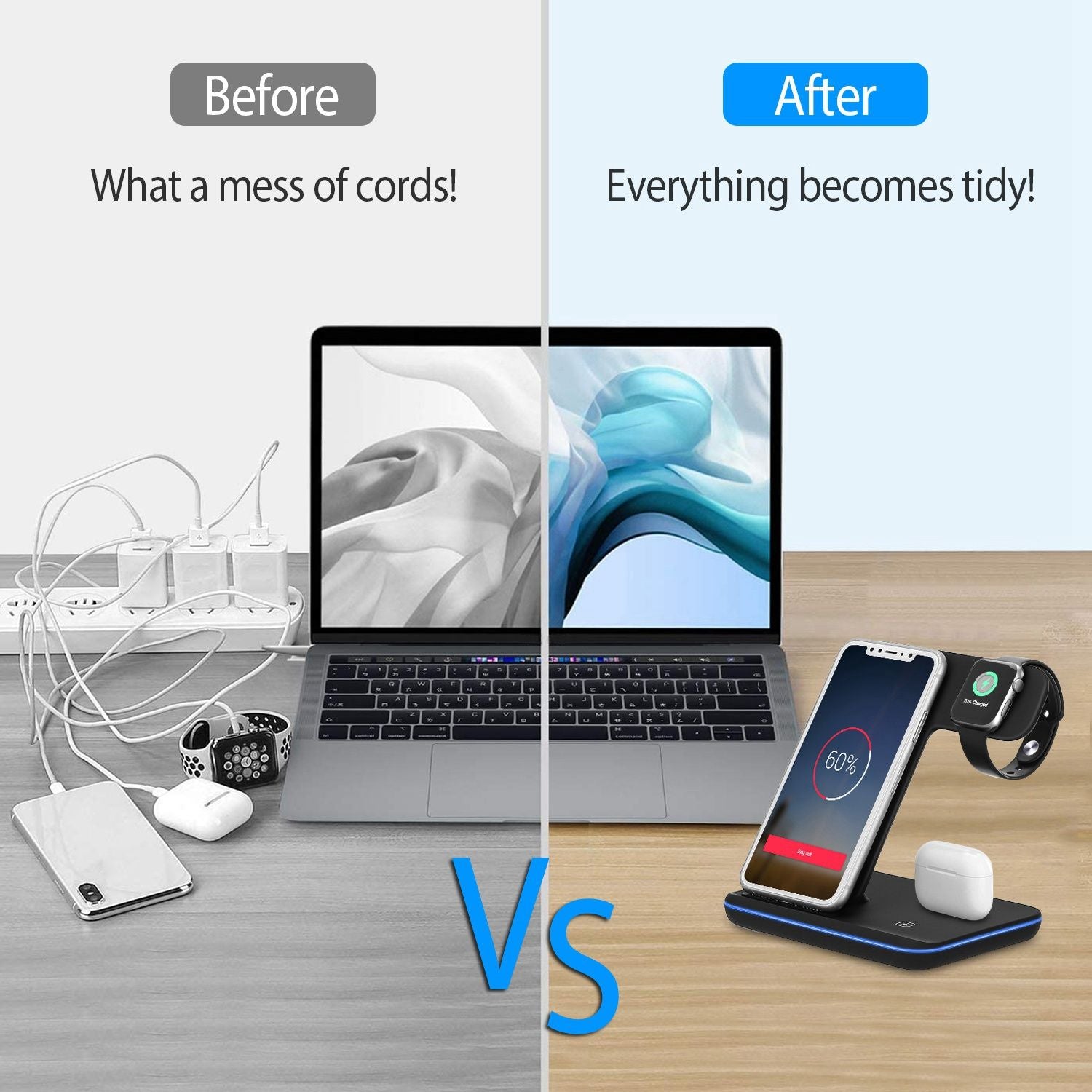 Comparison of a cluttered workspace with tangled cords on the left, labeled "Before," vs. a neat and organized charging station with a smartphone, smartwatch, and wireless earbuds on the right, labeled "After," showcasing a tidy tech lifestyle.
