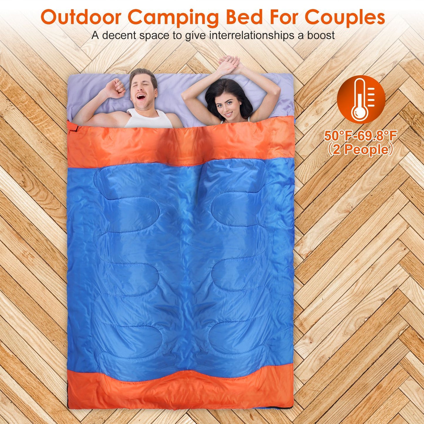 Outdoor camping bed for couples featuring a cozy design in blue and orange, comfortable for two people with a recommended temperature range of 50°F to 69.8°F, set on a wooden floor background.