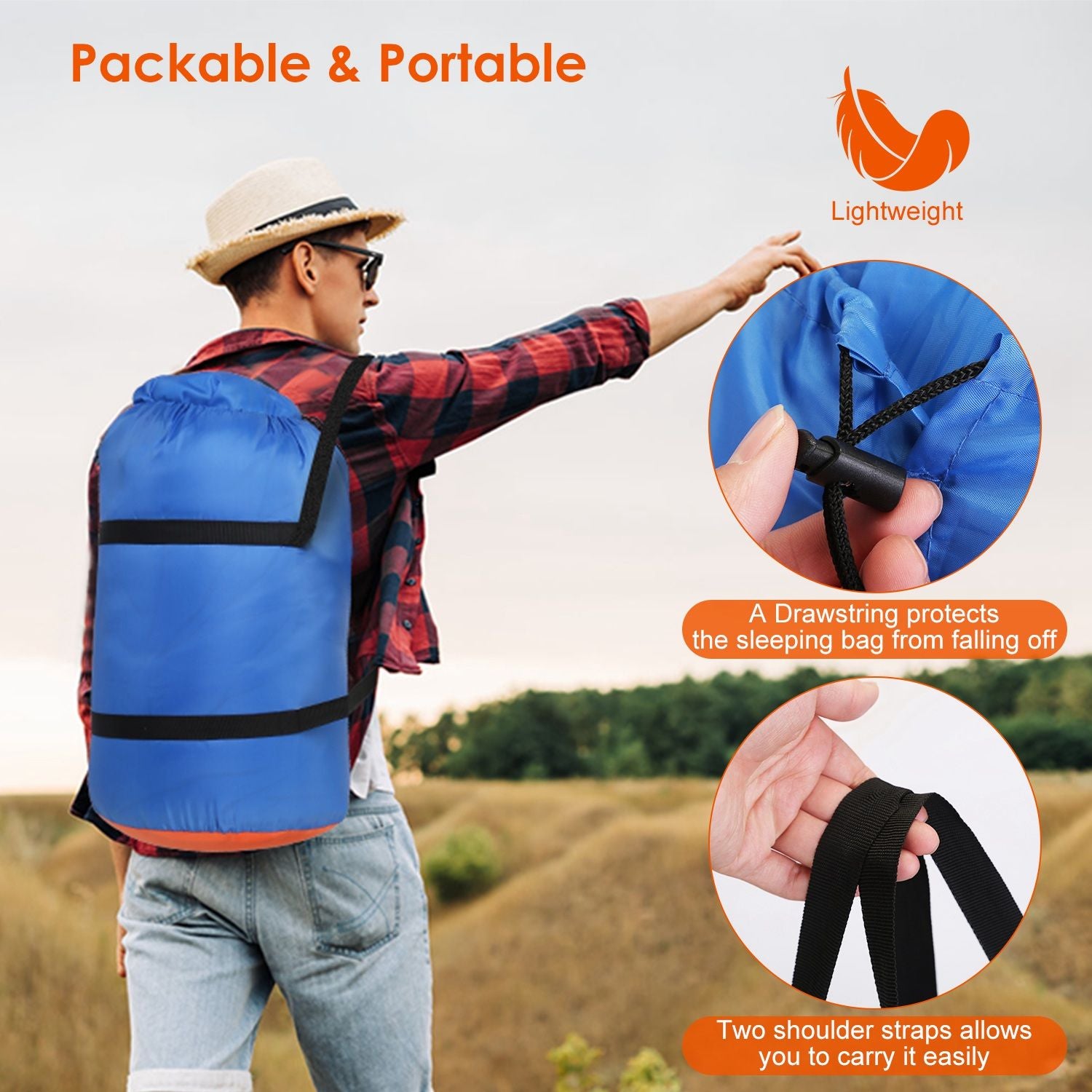 Lightweight blue packable backpack with drawstring closure, featuring adjustable shoulder straps for easy carrying, shown in a natural outdoor setting.