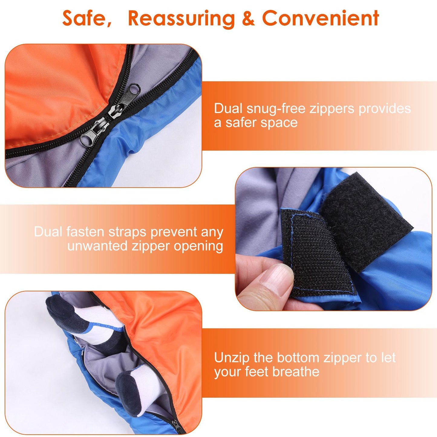 Dual zipper sleeping bag with fasten straps for safety and breathable foot section, designed for comfort and convenience.