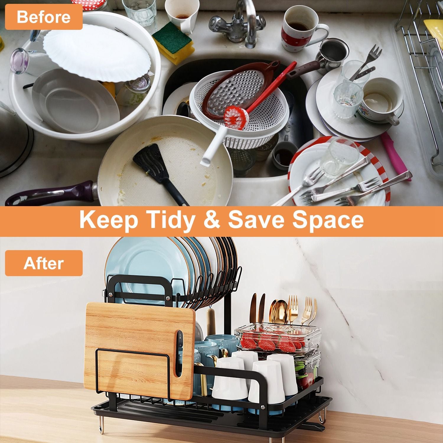 Before and after image showcasing a cluttered kitchen sink full of dirty dishes in the top section and a neat, organized drying rack with clean plates, utensils, and containers in the bottom section, emphasizing an effective kitchen space-saving solution.