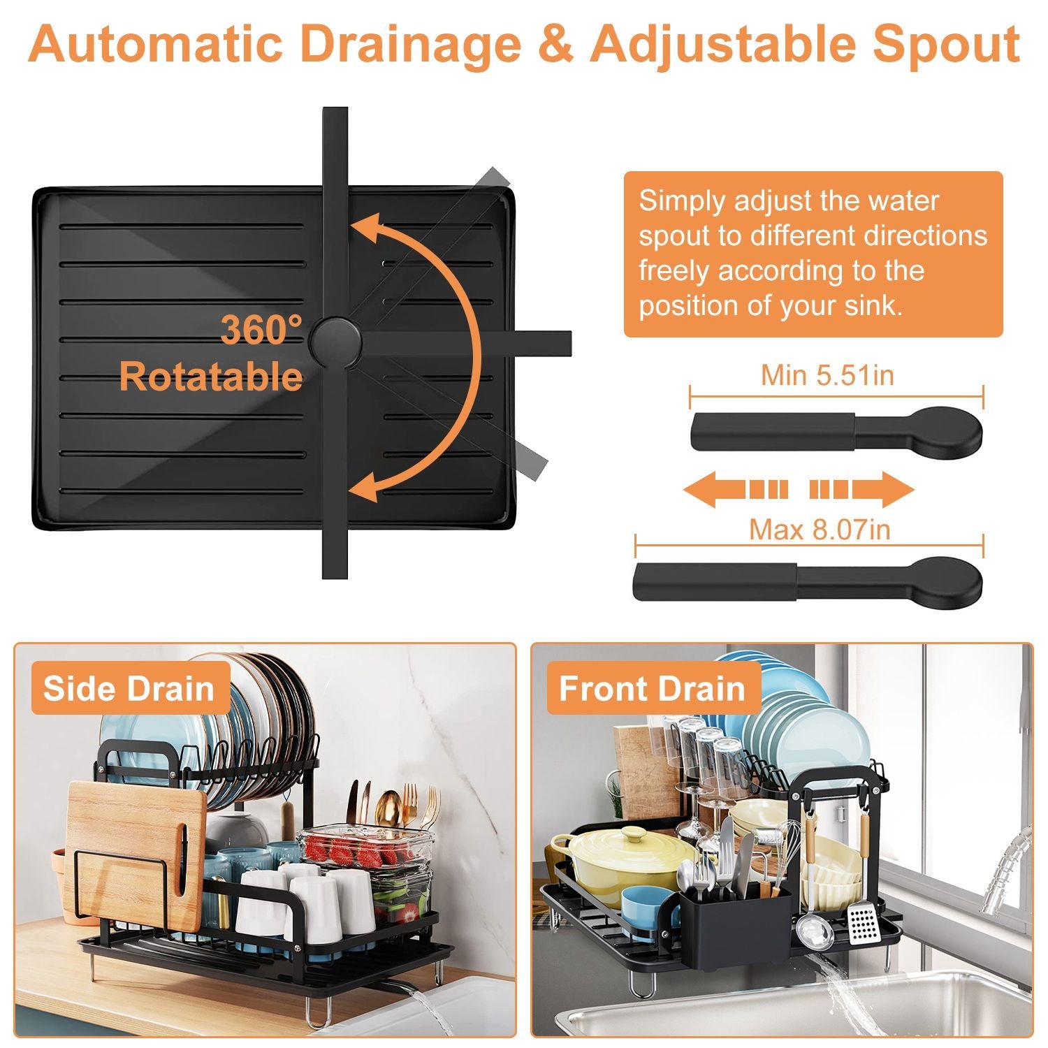 360-degree rotatable dish drying rack with automatic drainage and adjustable spout, featuring side and front drainage options for optimal sink compatibility.