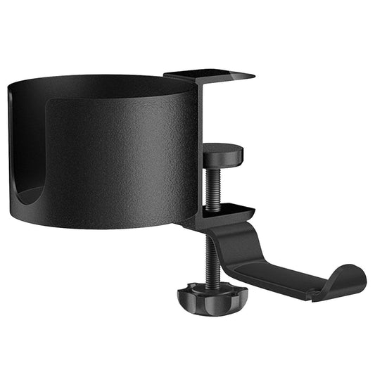 Black drink holder with clamp for easy attachment to desks or tables, featuring a secure grip and durable design.