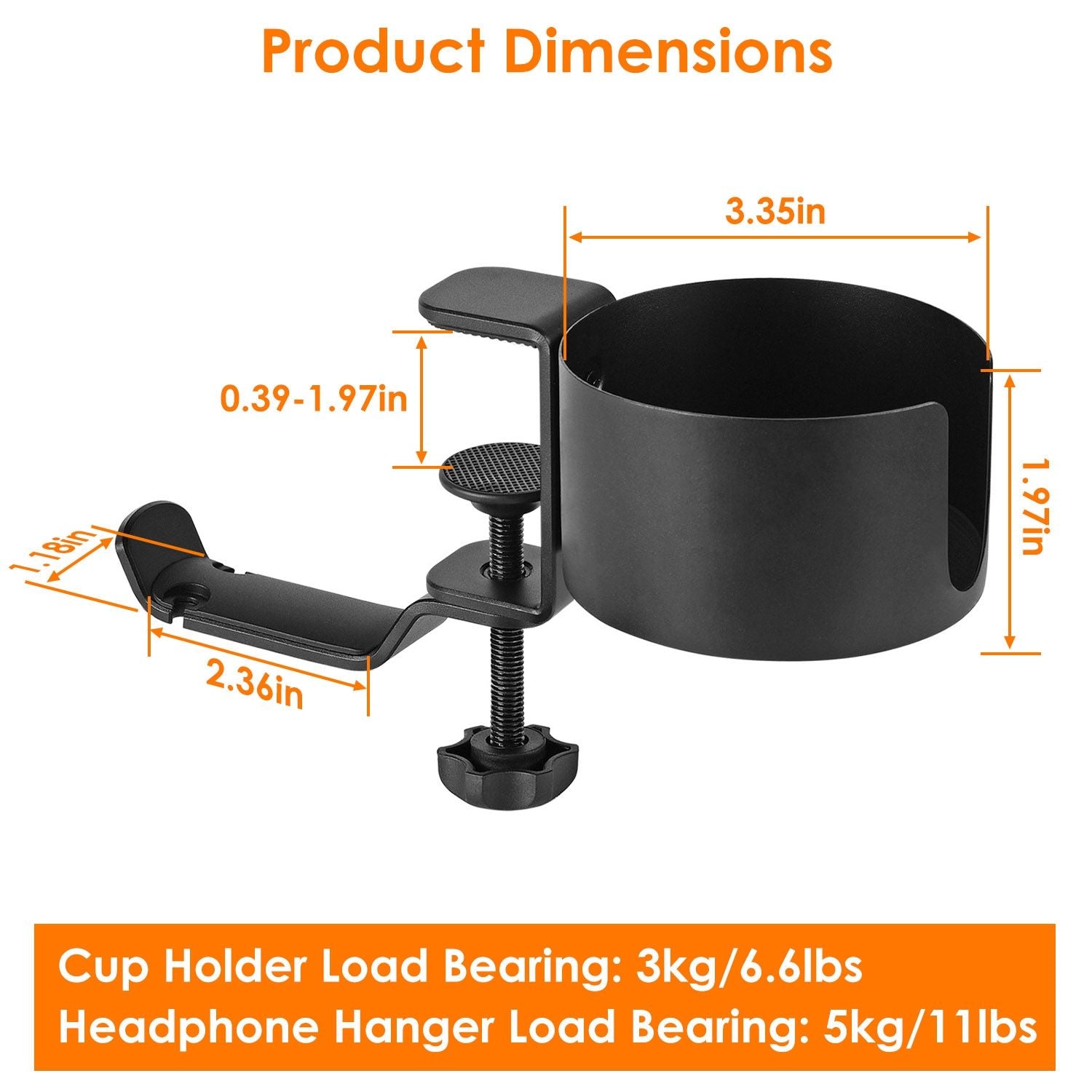 Black desk-mounted cup holder with headphone hanger, featuring adjustable clamp and dimensions displayed for load capacity: cup holder 3kg/6.6lbs and headphone hanger 5kg/11lbs, suitable for office or gaming setups.
