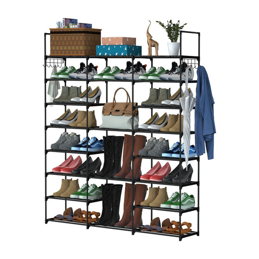 Multi-tier shoe rack organizer displaying various types of footwear, including sneakers, boots, heels, and sandals, along with a handbag and decorative items, ideal for efficient storage in entryways or closets.
