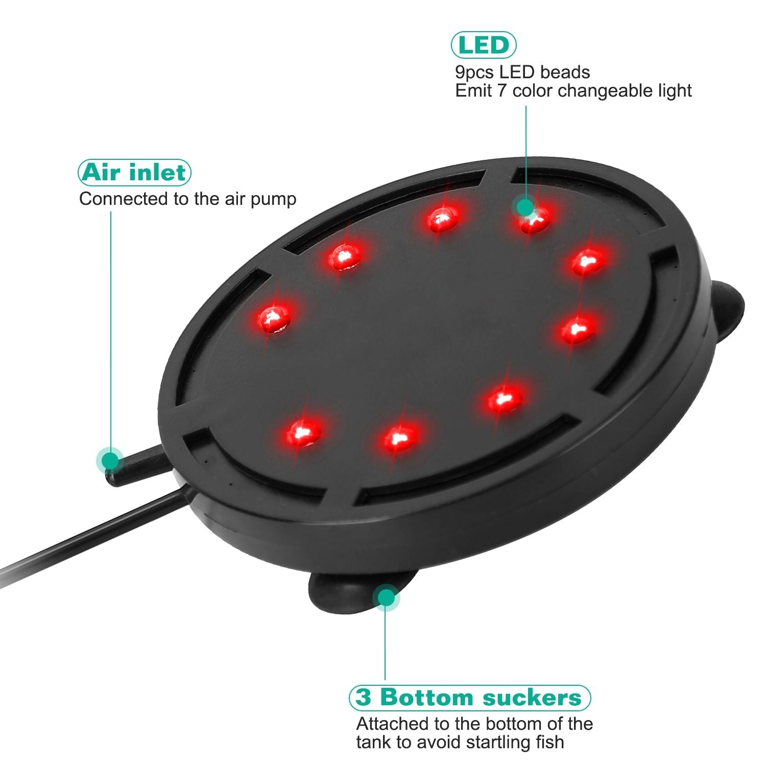 LED aquarium air diffuser with nine red LED beads, featuring an air inlet connection, three bottom suckers for secure attachment, and the ability to emit seven color-changing lights.