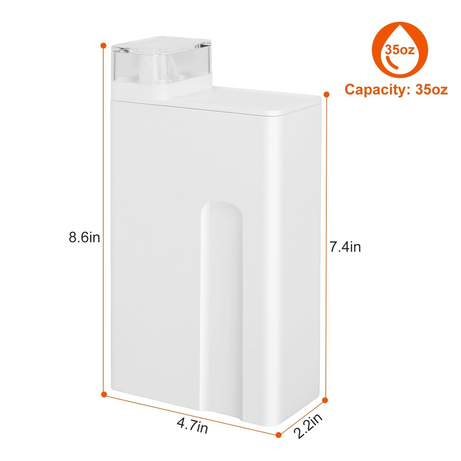Modern white 35oz water pitcher with a sleek design and transparent lid, featuring dimensions of 8.6in height, 7.4in length, 4.7in width, and 2.2in depth, ideal for stylish home hydration.