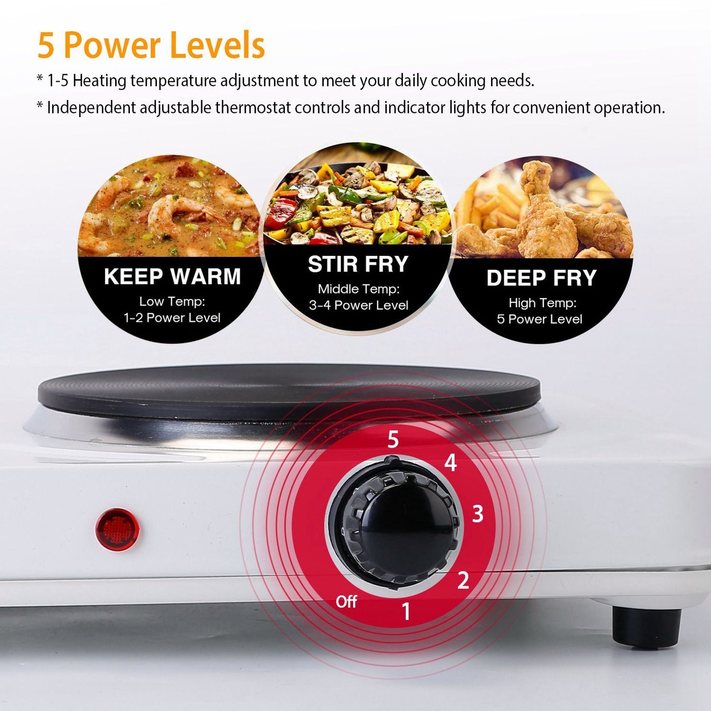 Electric stovetop with adjustable thermostat, featuring 5 power levels for versatile cooking, including options for keeping warm, stir-frying, and deep frying.