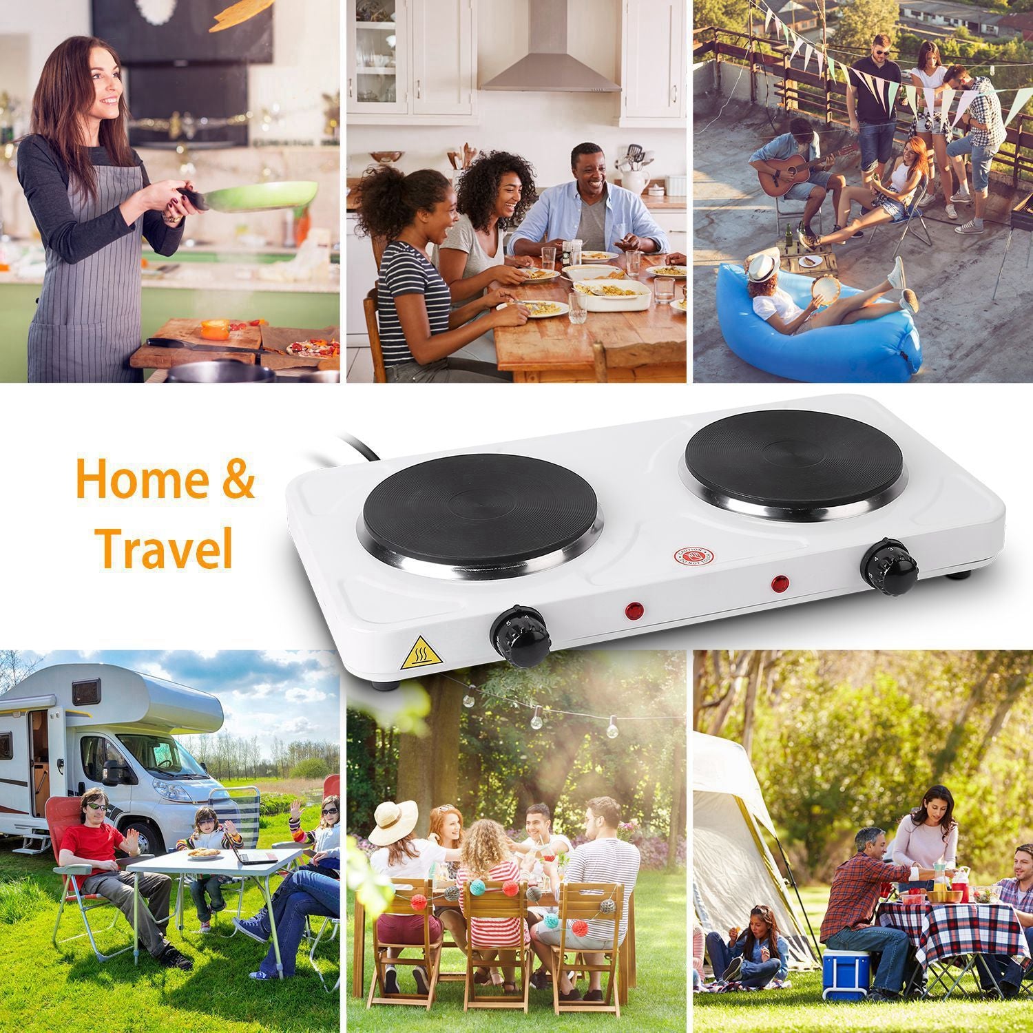 Double electric burner for cooking at home and on-the-go, featuring two black heating plates, adjustable temperature knobs, and a compact design ideal for outdoor gatherings and camping trips.