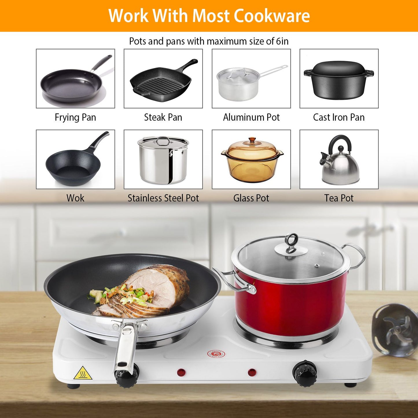 Double burner electric stovetop with a frying pan and red pot, showcasing compatibility with various cookware including frying pans, woks, and pots, ideal for versatile cooking.