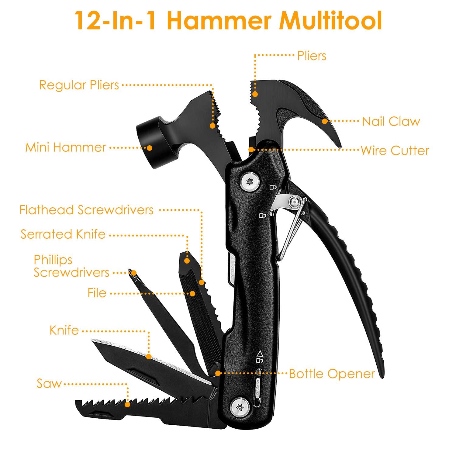 12-in-1 hammer multitool featuring pliers, mini hammer, nail claw, wire cutter, flathead screwdrivers, serrated knife, Phillips screwdrivers, file, knife, saw, and bottle opener, all designed for versatile use in various tasks.