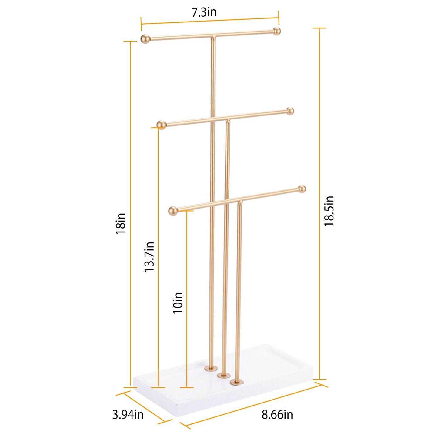 Stylish gold jewelry display stand with marble base, featuring multiple hooks and measuring 18.5 inches tall by 7.3 inches wide, ideal for organizing necklaces and bracelets.