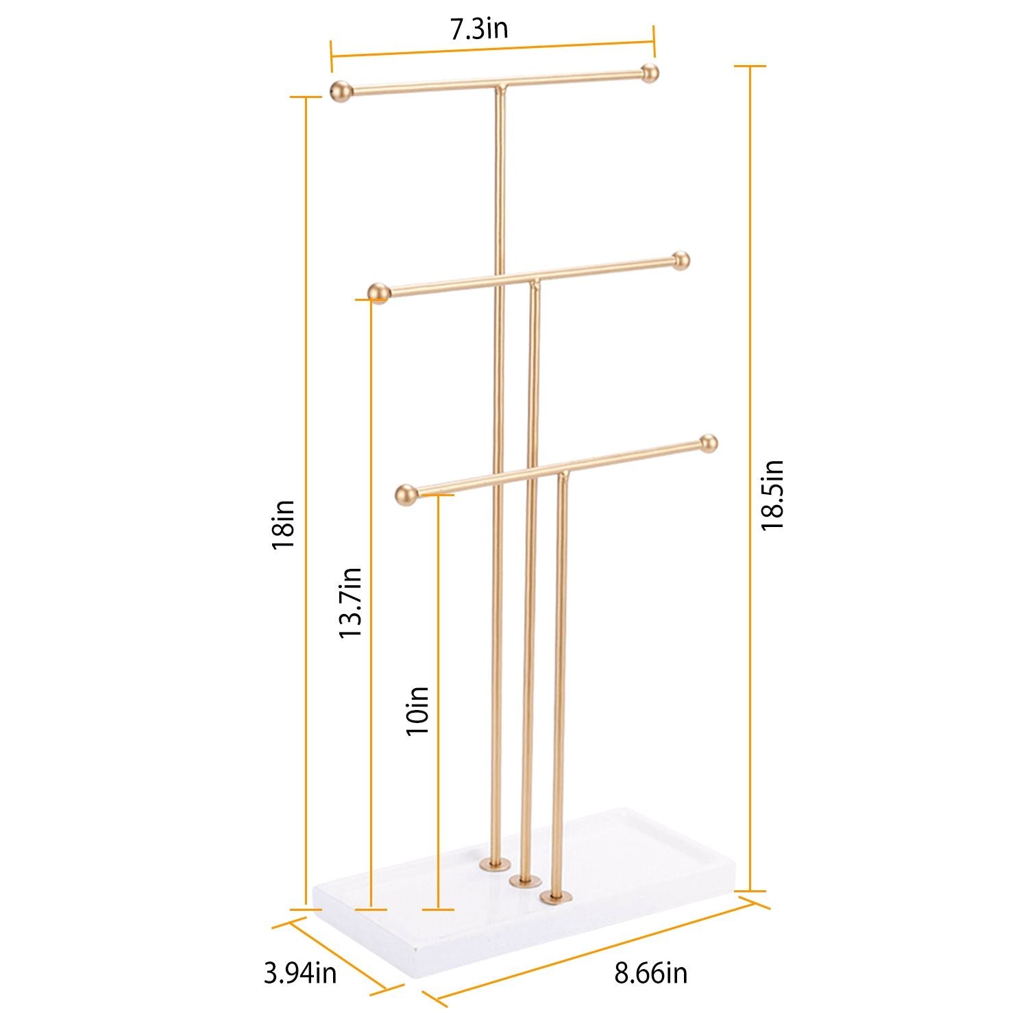 Stylish gold jewelry display stand with marble base, featuring multiple hooks and measuring 18.5 inches tall by 7.3 inches wide, ideal for organizing necklaces and bracelets.
