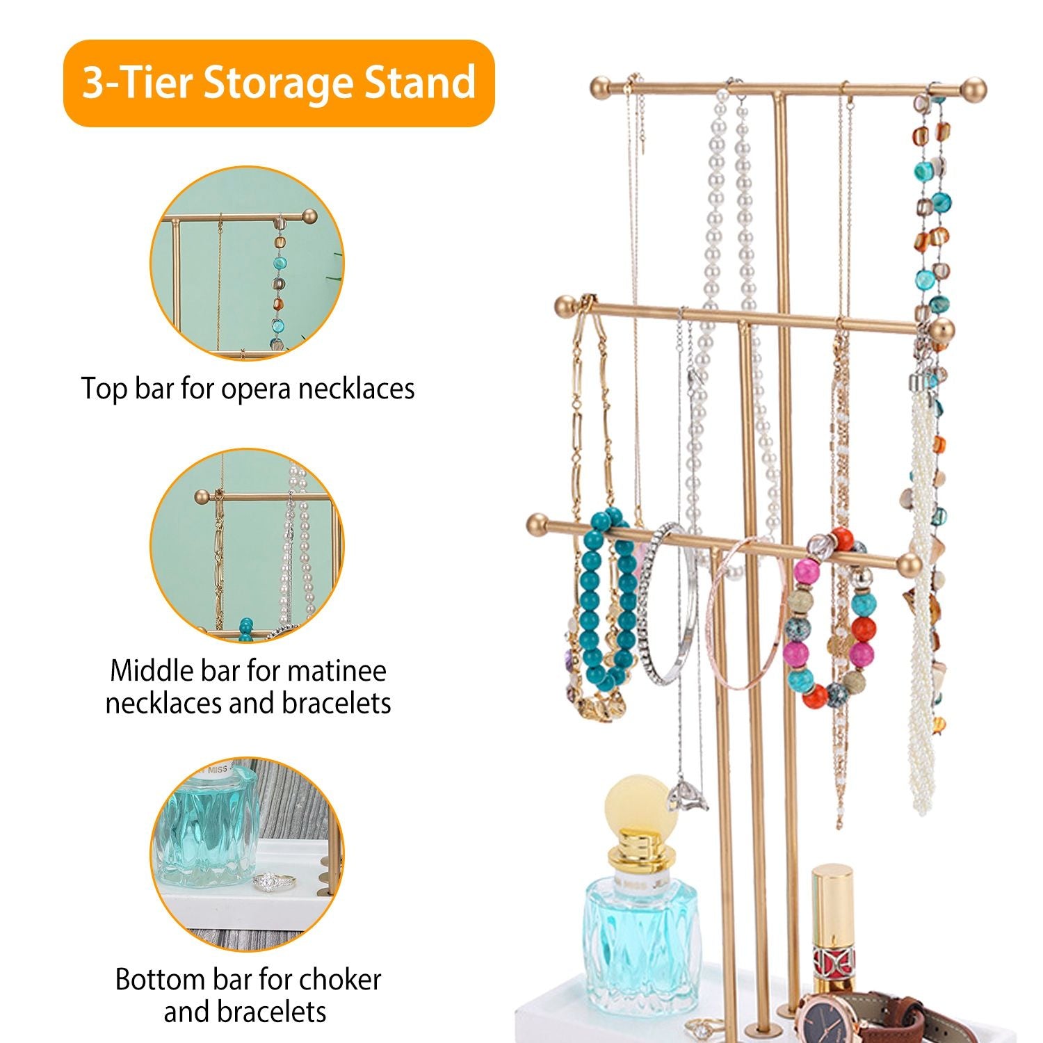 3-tier jewelry storage stand showcasing necklaces and bracelets organized on gold bars, with sections labeled for opera necklaces, matinee necklaces, and chokers or bracelets, designed for stylish organization and easy access.