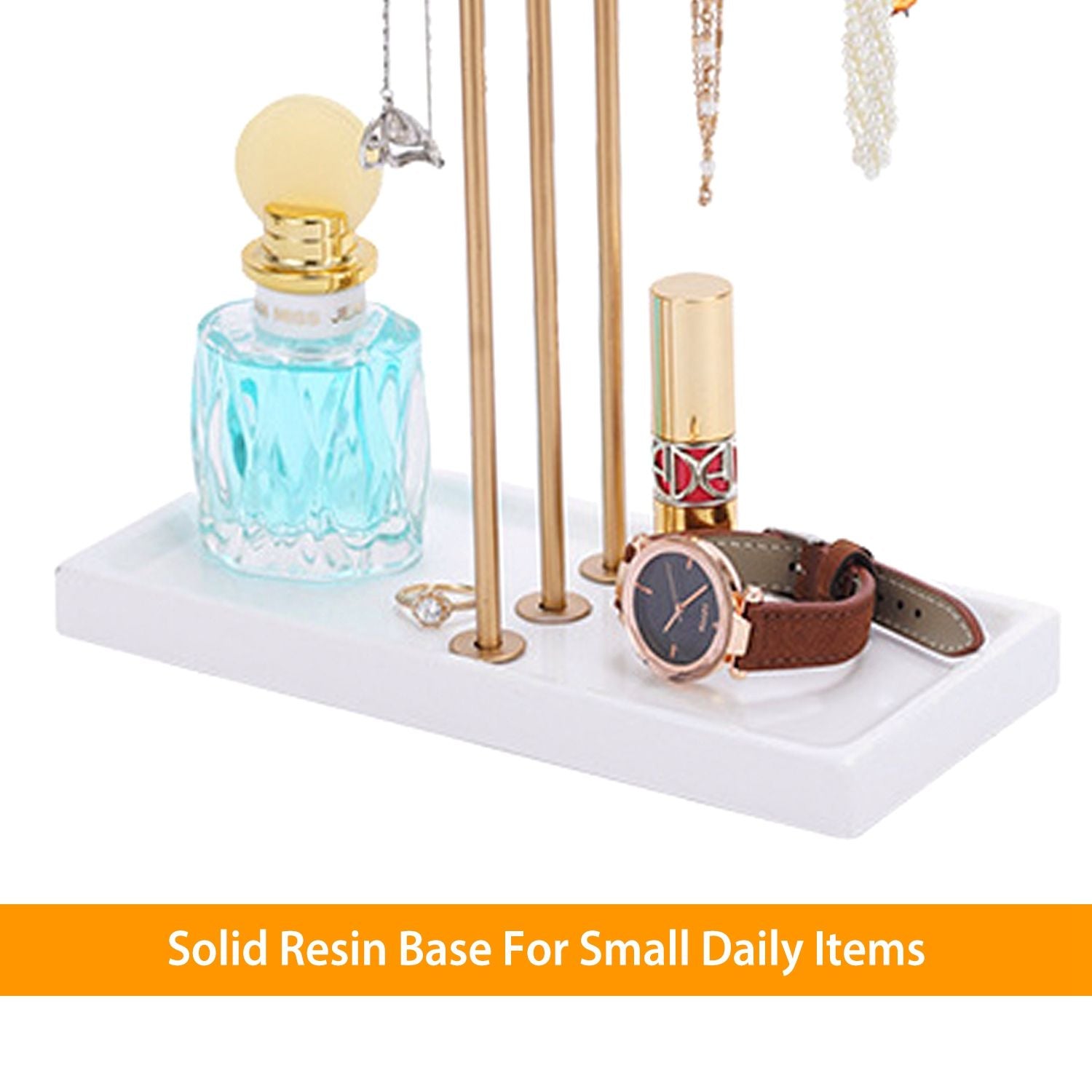 Elegant jewelry and accessory organizer with a solid resin base, featuring a stylish watch, lipstick, perfume, and hanging jewelry displays for everyday use.
