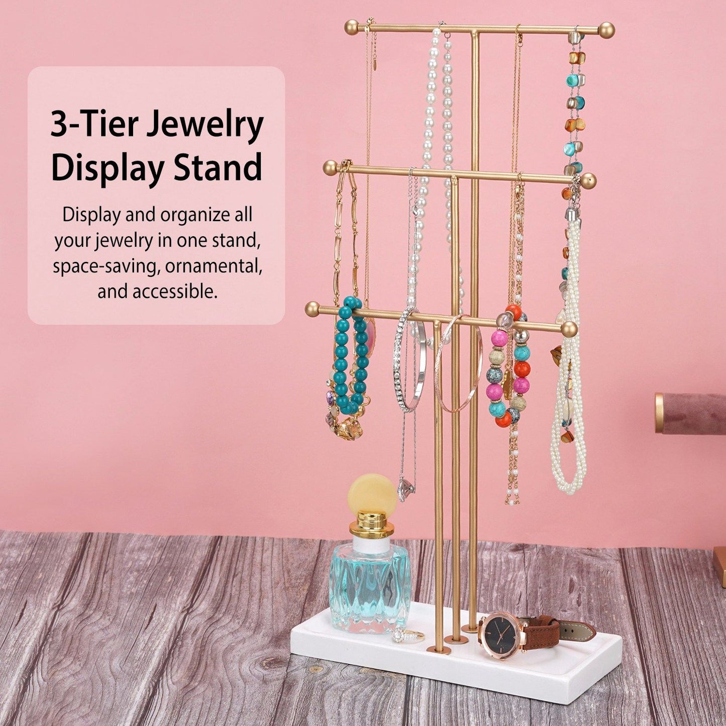 3-tier gold jewelry display stand showcasing colorful necklaces and bracelets, designed for efficient organization and easy access; perfect for adding a decorative touch to any space.