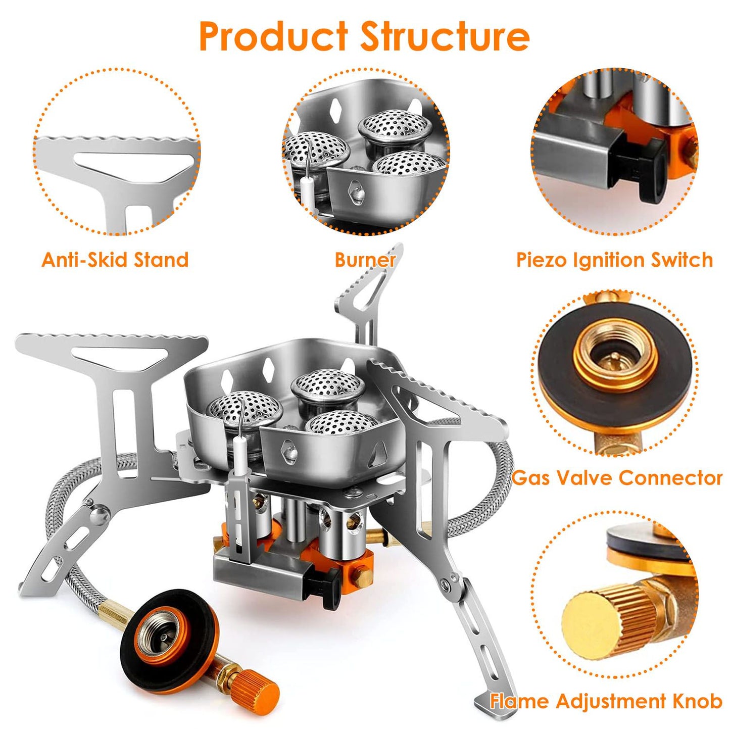 Compact portable camping stove with anti-skid stand, piezo ignition switch, adjustable flame knob, and gas valve connector, featuring a durable stainless steel burner design.