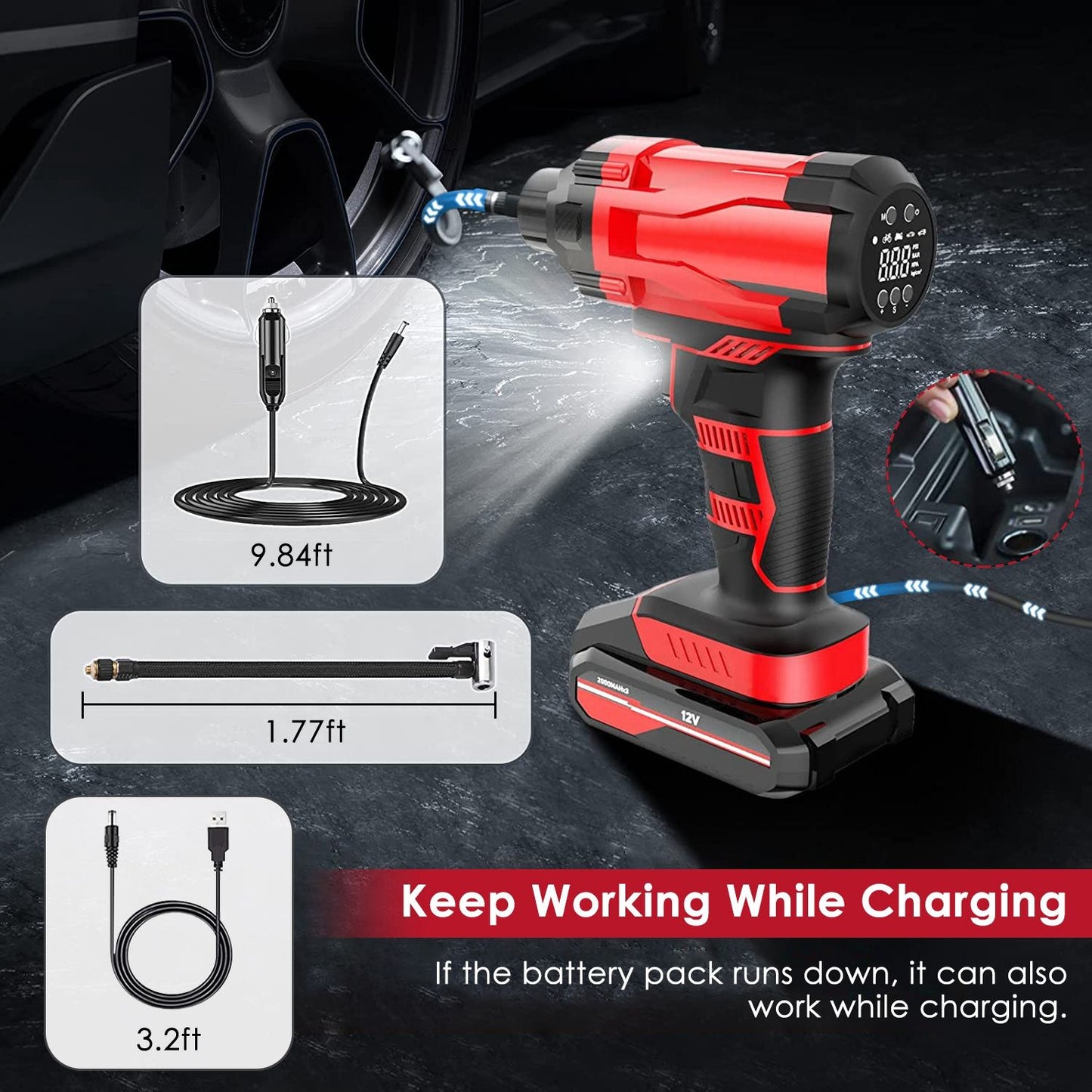 Cordless electric air pump with charging capabilities, featuring a digital pressure gauge and accessories including a 9.84ft car charger, a 1.77ft inflation hose, and a 3.2ft USB cable, designed for convenient tire inflation and maintenance.