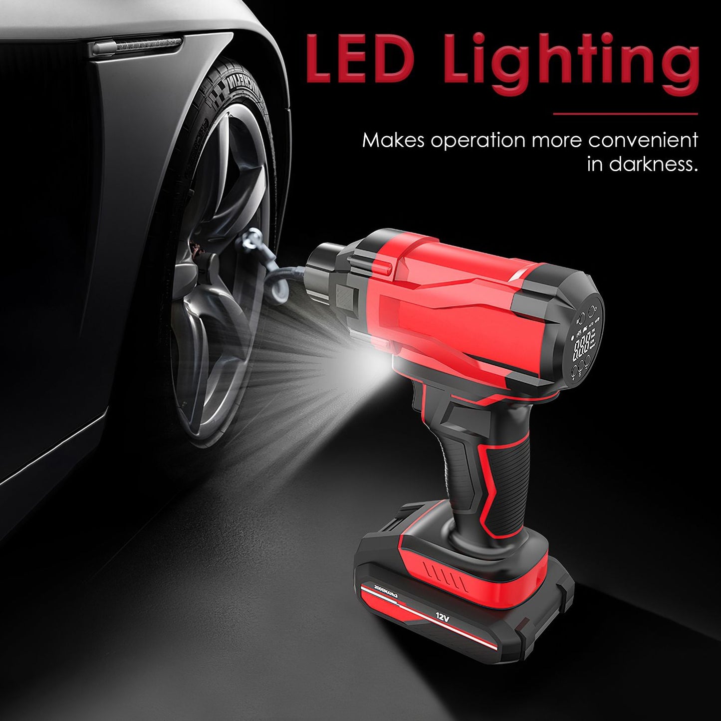 Portable 12V cordless impact wrench with LED lighting, designed for tire maintenance in low-light conditions.