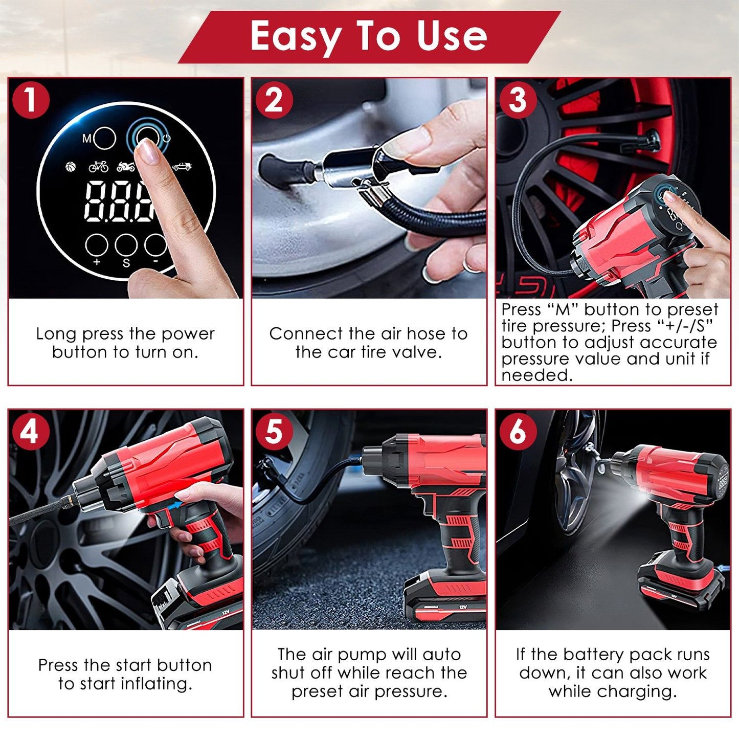Instructions for using a portable air pump: power on, connect to tire valve, set pressure, start inflating, auto shut off, and charge while in use.