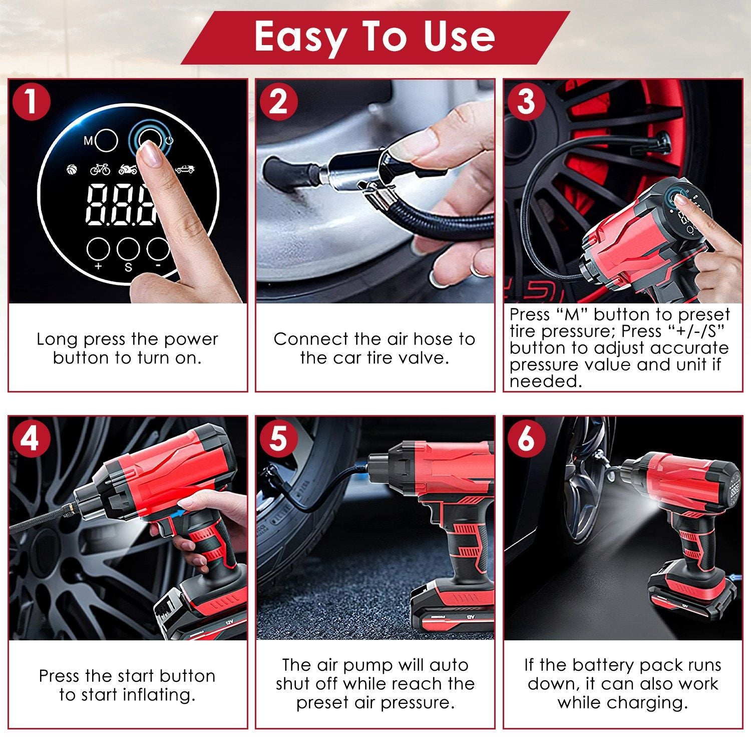 Instructions for using a portable air pump: power on, connect to tire valve, set pressure, start inflating, auto shut off, and charge while in use.