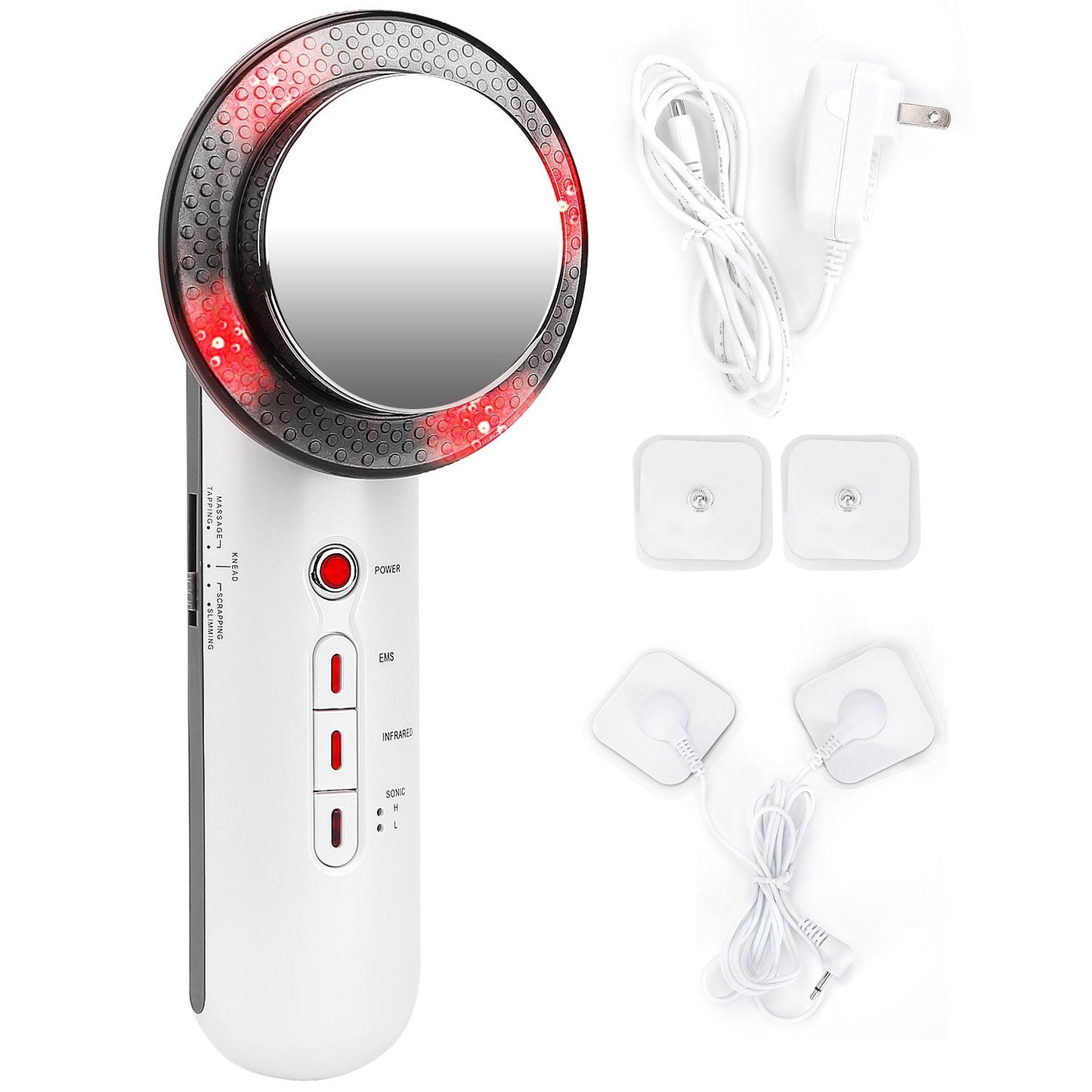 Red light therapy device with mirror, control buttons, and included accessories, designed for skin rejuvenation and muscle relief.