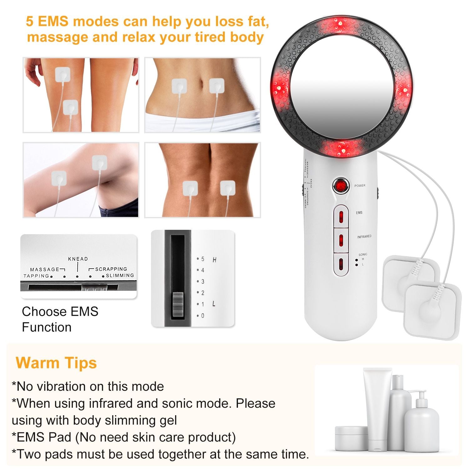 Electric EMS body slimming device with five modes, featuring electrode pads for targeted fat loss, massage, and relaxation, alongside a user-friendly control panel.