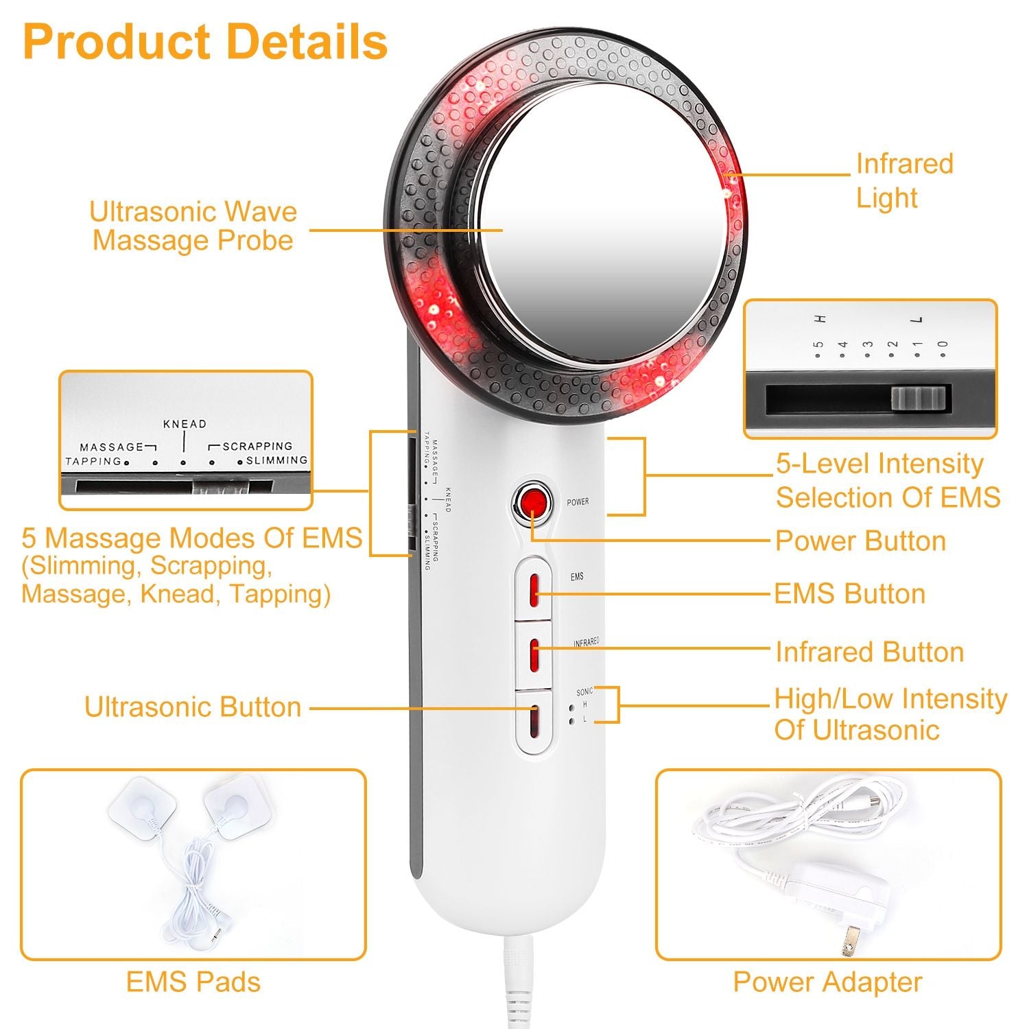 Ultrasonic wave massage probe device featuring infrared light, EMS settings with five massage modes, intensity selection, and EMS pads, ideal for slimming and relaxation.