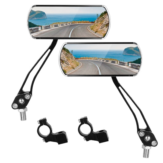 Dual motorcycle side mirrors with a sleek design showcasing a scenic coastal road, complete with mounting brackets for easy installation.