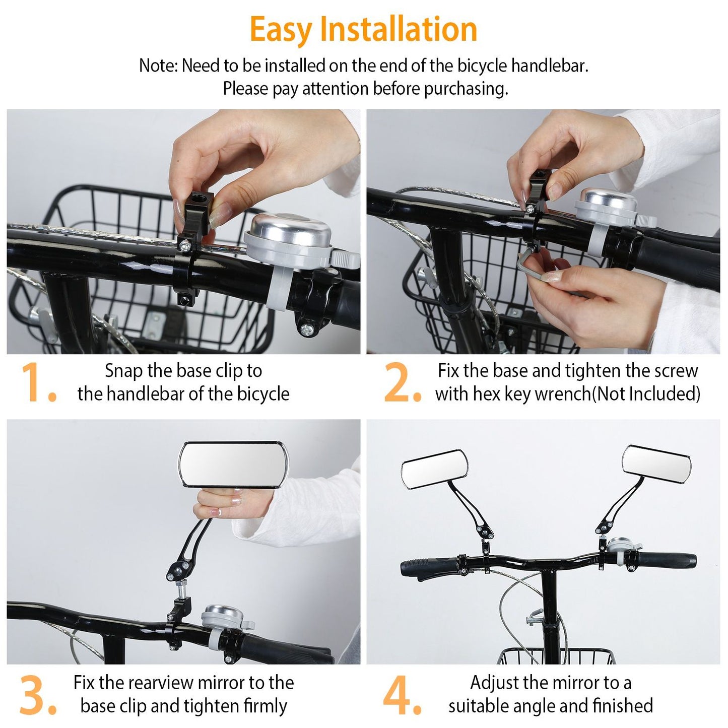 Step-by-step installation guide for a bicycle rearview mirror, illustrating the process of attaching the base clip, tightening screws, and adjusting the mirror for optimal visibility.
