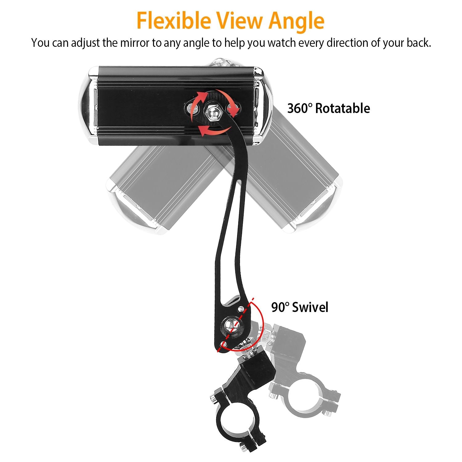 Adjustable bike rearview mirror with 360° rotation and 90° swivel for enhanced visibility while cycling, featuring a sleek black design and sturdy mounting bracket.