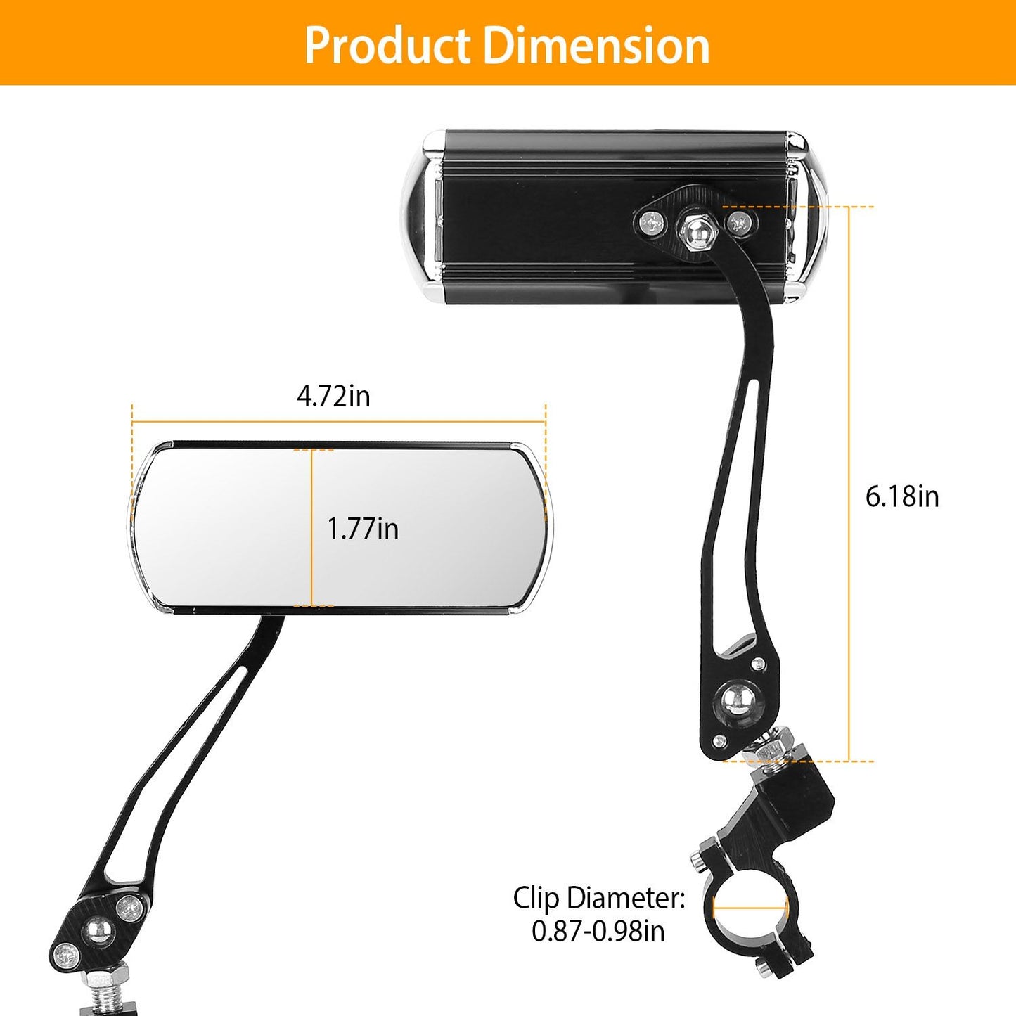 Adjustable bicycle rearview mirror dimensions including length (4.72in), width (1.77in), total height (6.18in), and clip diameter range (0.87-0.98in).