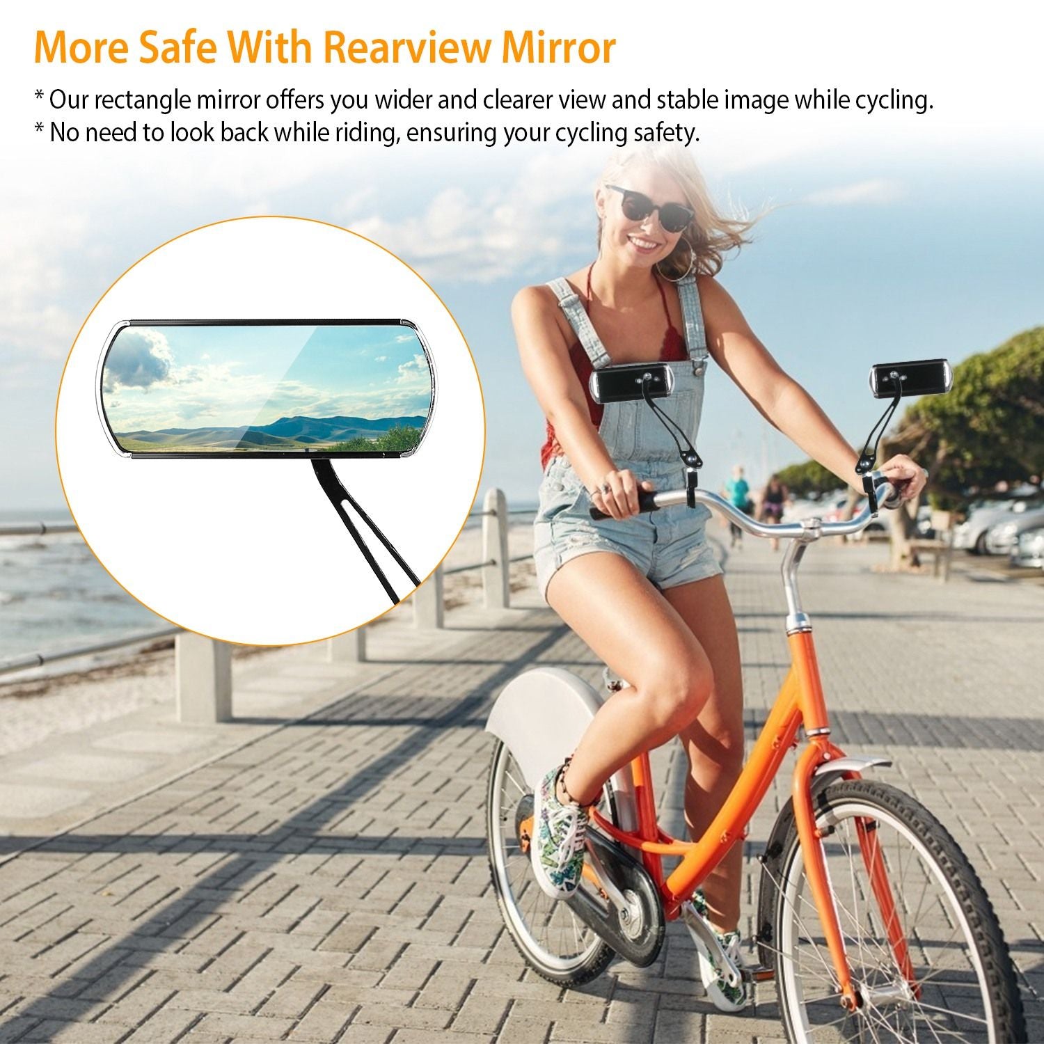 Cyclist riding an orange bike on a seaside path, featuring a rearview mirror for enhanced safety and visibility while cycling.