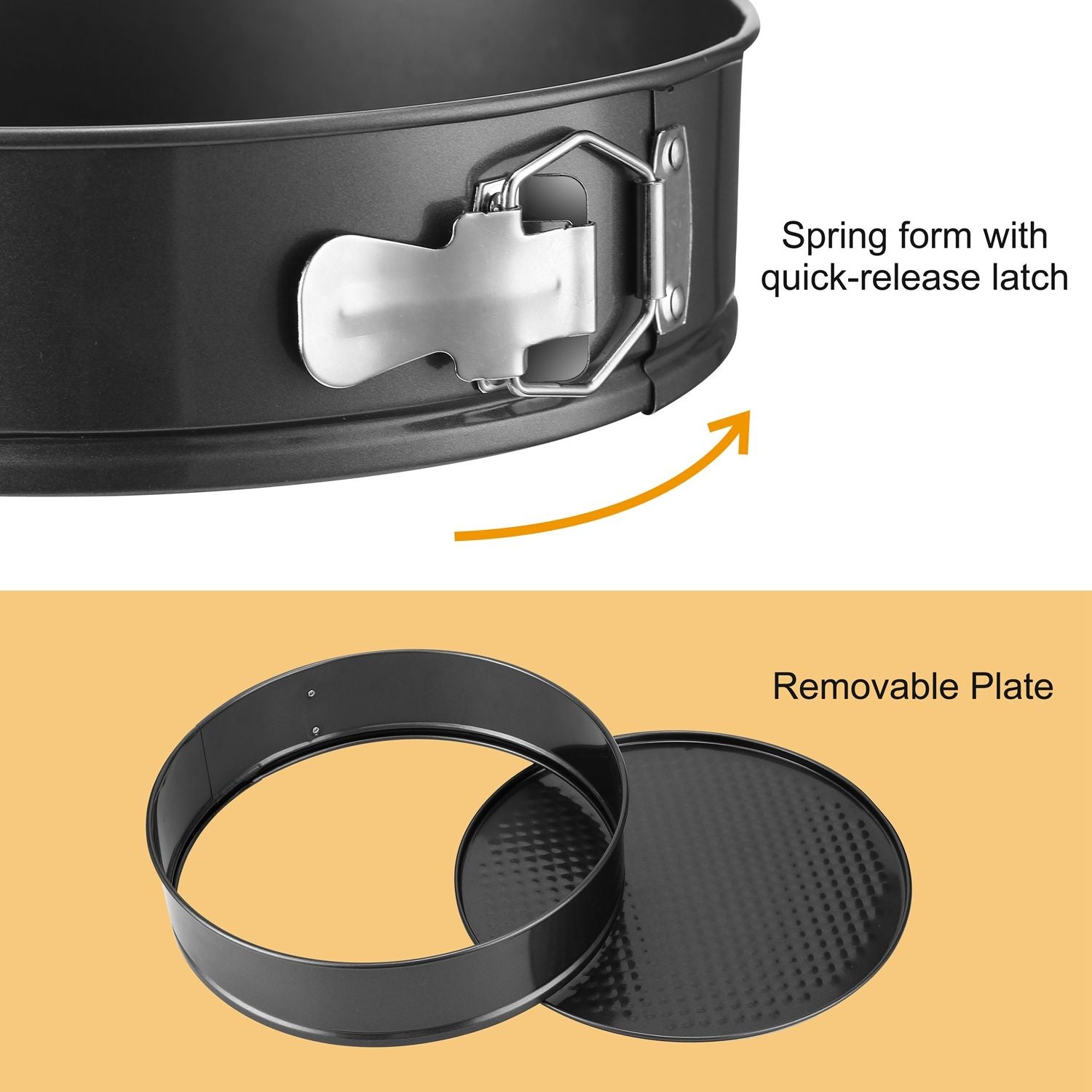 Springform cake pan featuring a quick-release latch and a removable plate, ideal for easy baking and serving of cheesecakes and other desserts.