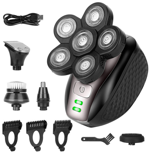 Rechargeable electric shaver with multiple attachments including a brush, nose trimmer, and various comb guides, featuring a five-head rotary design for a close shave and ergonomic grip.