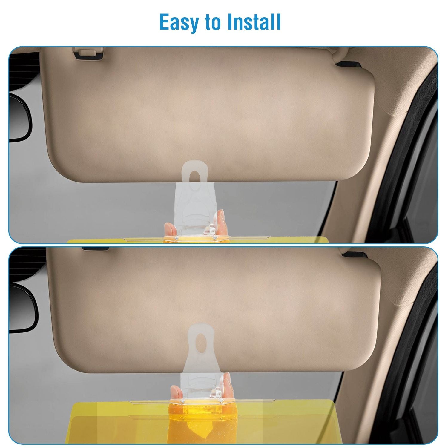 Car sun visor extender installation guide, showing clear steps with a yellow visor attachment demonstrating easy setup for added sun protection.