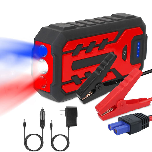 Portable car jump starter power bank with LED lights, red and black design, featuring battery clips and charging cables for emergency vehicle starts.