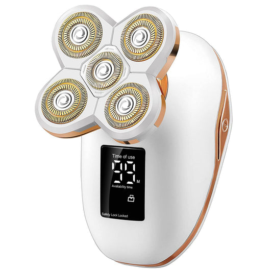 Electric hair clipper with a four-head rotary blade design, digital display, and sleek white and gold finish for efficient grooming.
