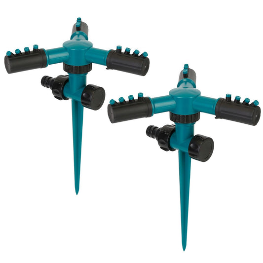 Set of two adjustable garden sprinklers with teal and black design, featuring multiple spray settings and sturdy stakes for easy installation.