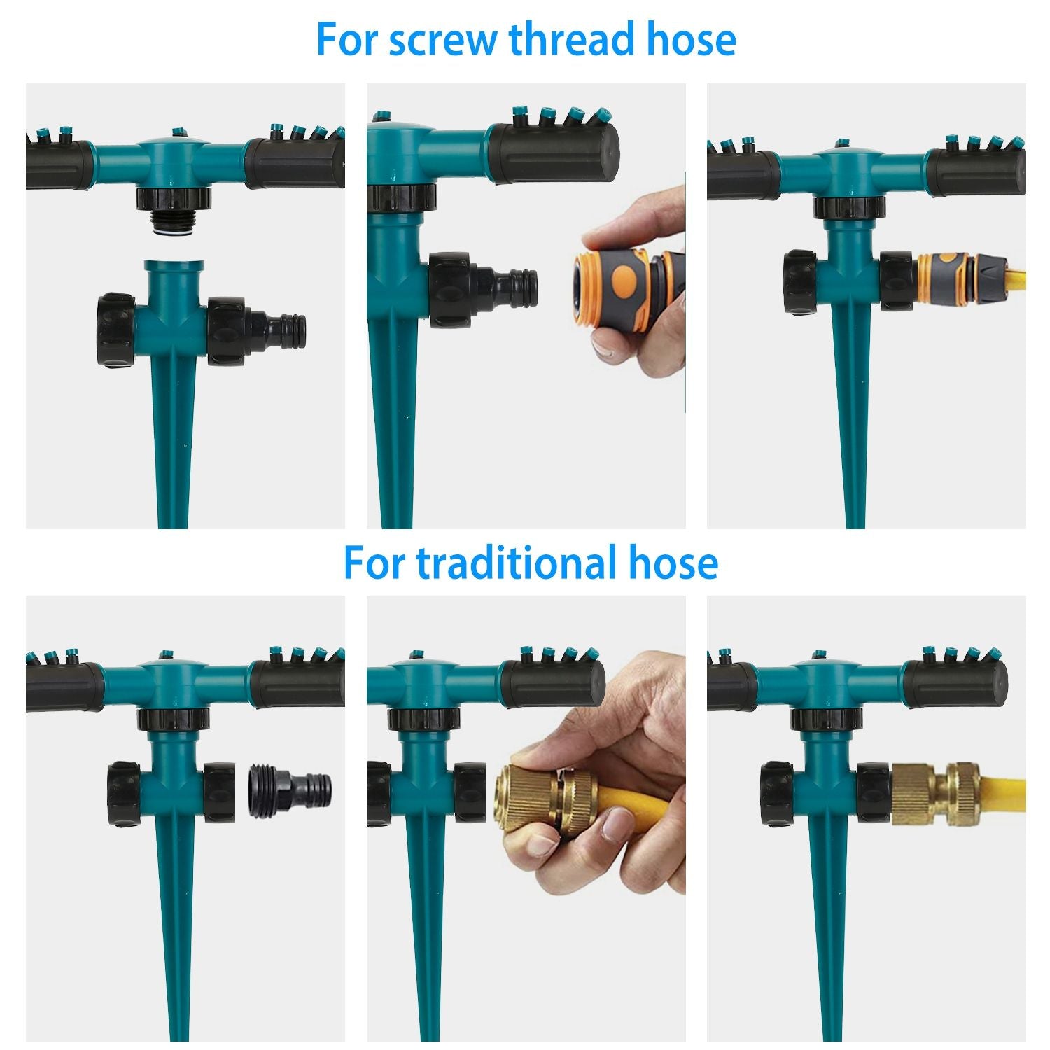Multi-compatibility garden hose adapter shown in six instructional images, demonstrating connections for screw thread and traditional hoses.