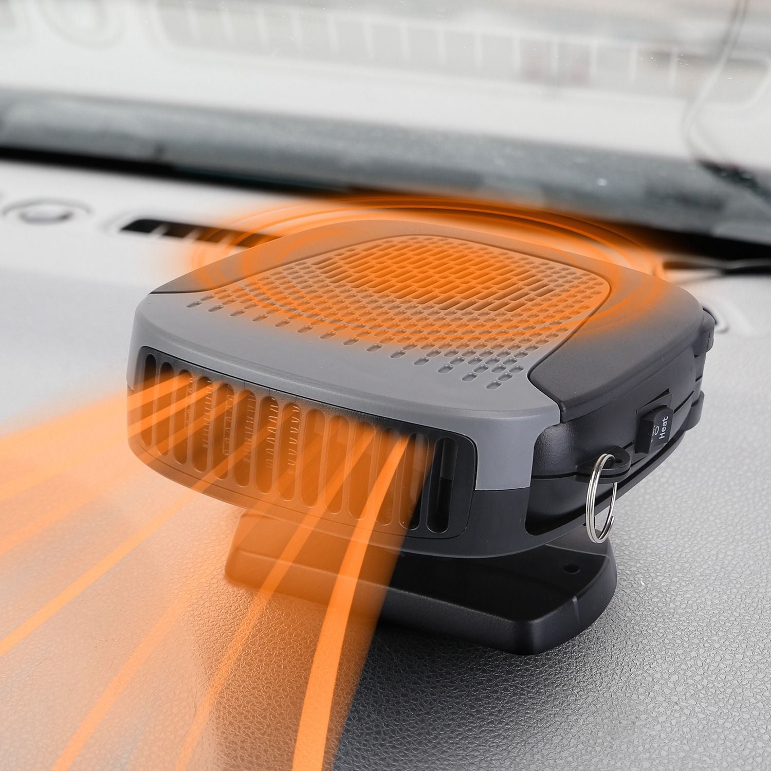 Compact portable car heater with air flow illustrated by orange motion lines, designed for quick and efficient heating in vehicles.