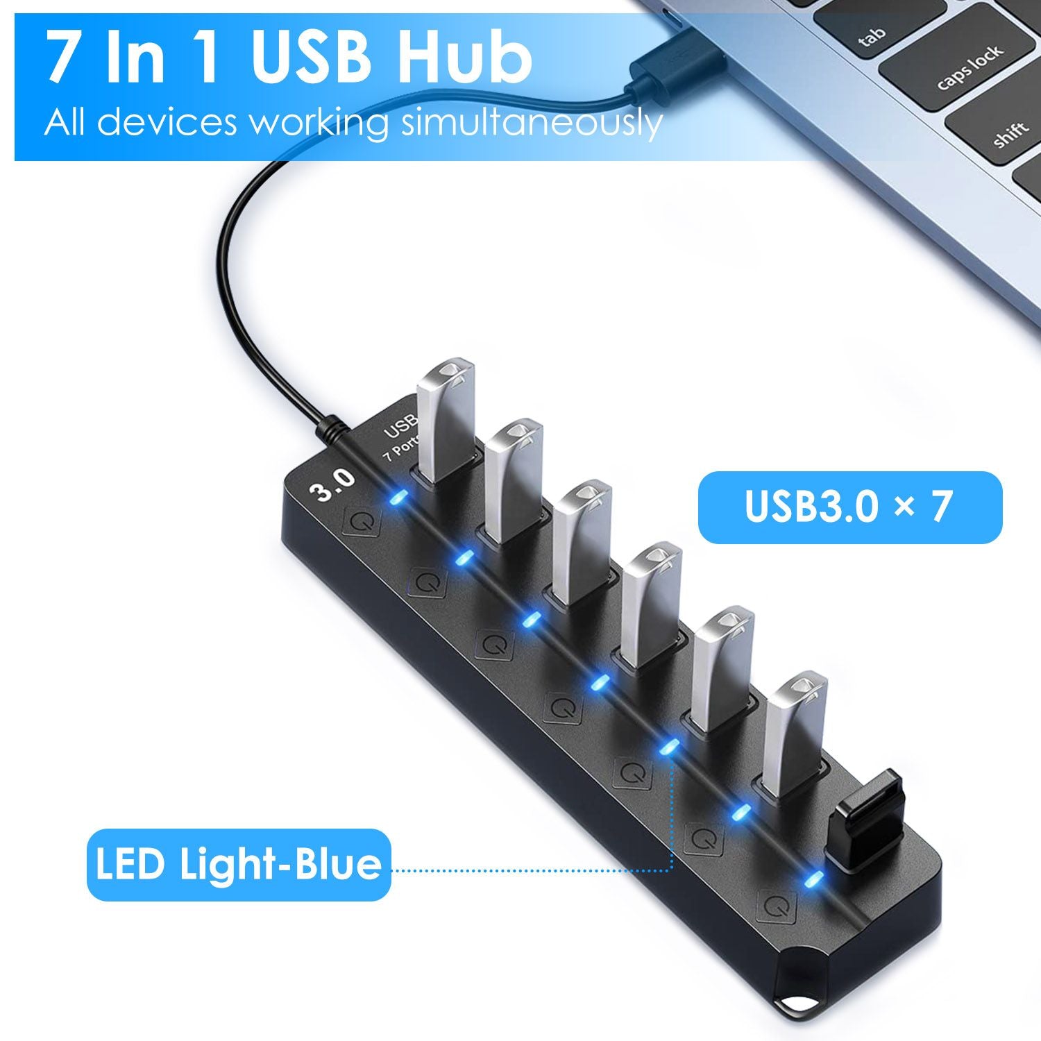 7-in-1 USB hub with seven USB 3.0 ports and blue LED indicators, designed for connecting multiple devices simultaneously.