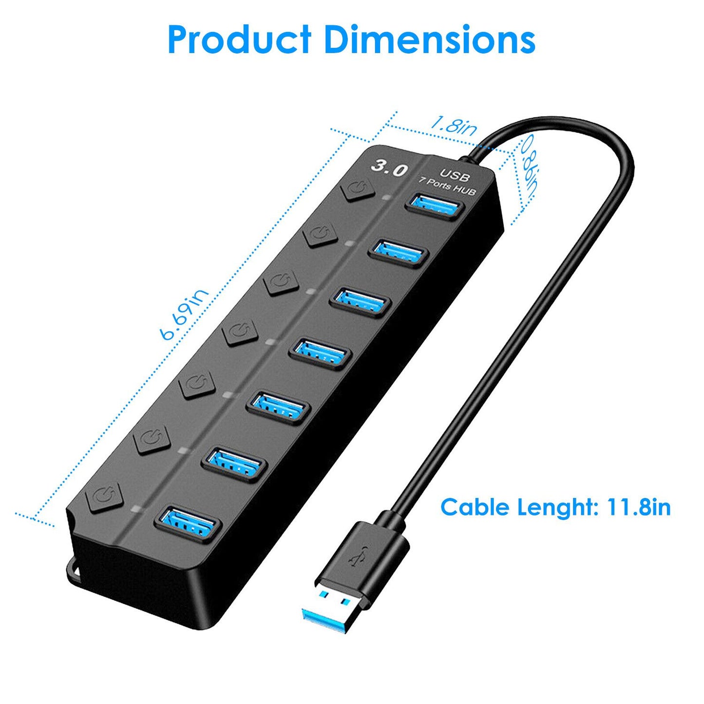 USB 3.0 7-Port Hub with 11.8-inch cable, dimensions of 6.69 x 1.8 x 0.8 inches, featuring multiple blue USB ports.