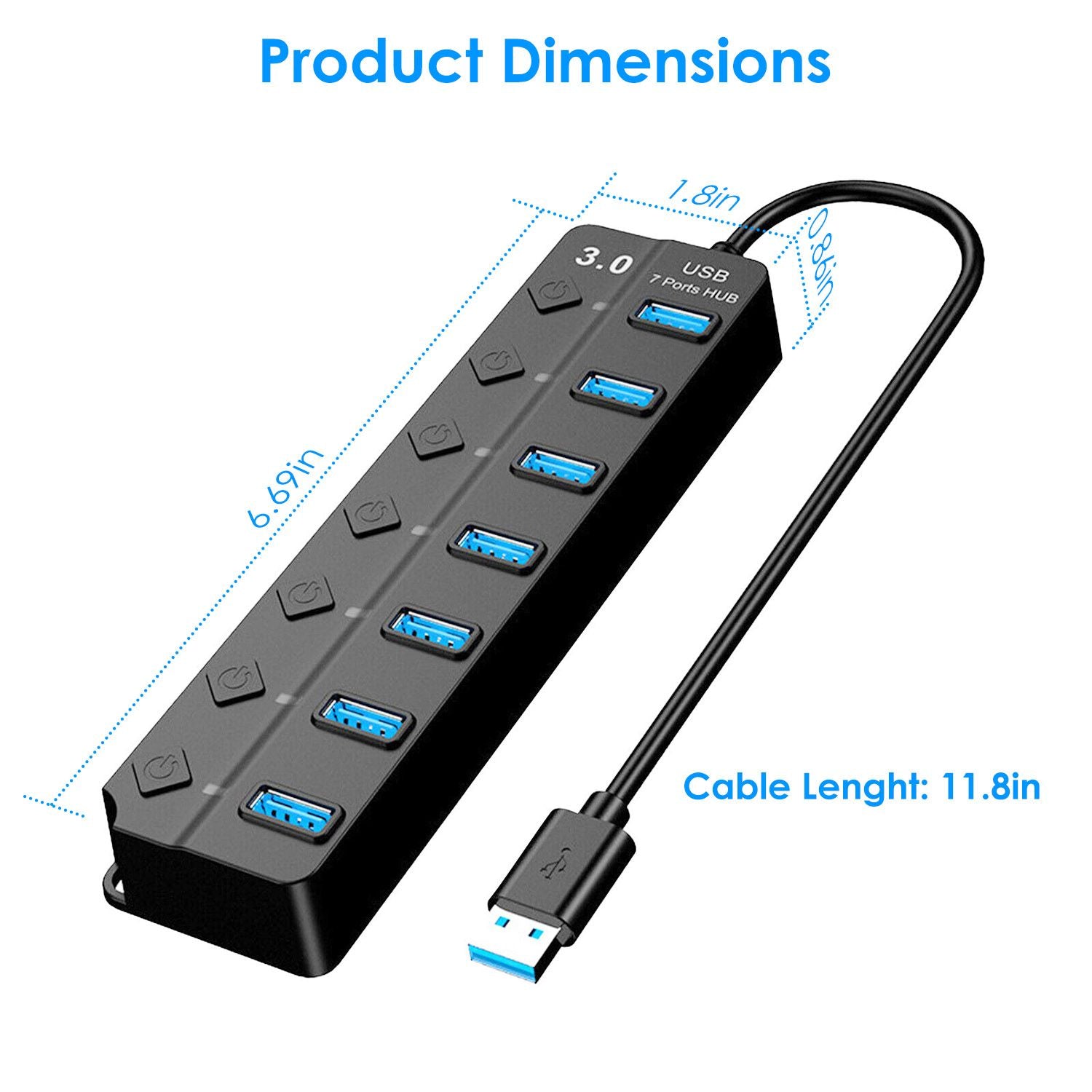 USB 3.0 7-Port Hub with 11.8-inch cable, dimensions of 6.69 x 1.8 x 0.8 inches, featuring multiple blue USB ports.