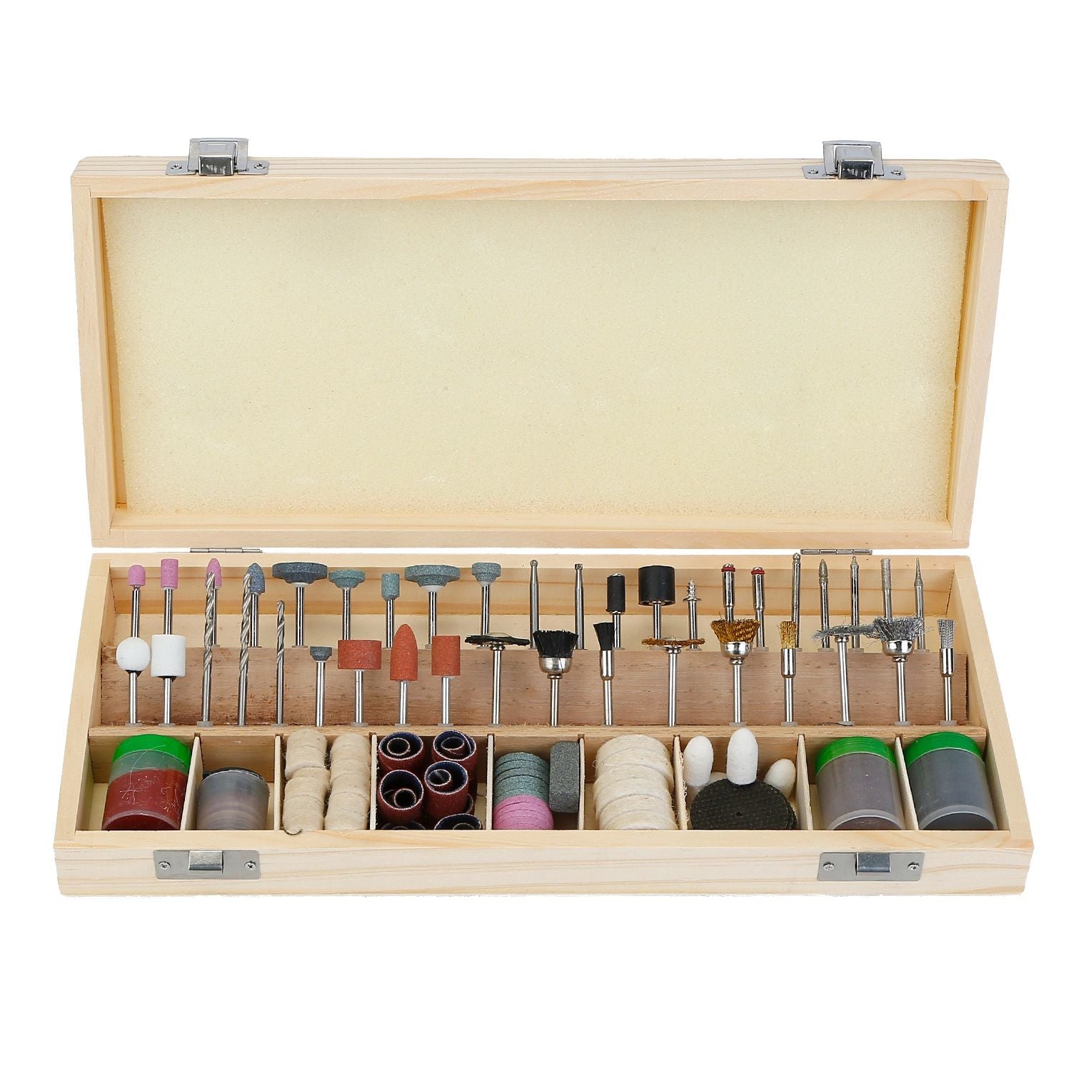 Wooden storage box containing a comprehensive set of 30 high-quality rotary tool accessories, including grinding stones, drill bits, polishing pads, and various attachments, ideal for DIY projects and crafts.