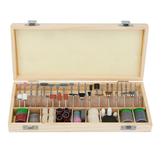 Wooden storage box containing a comprehensive set of 30 high-quality rotary tool accessories, including grinding stones, drill bits, polishing pads, and various attachments, ideal for DIY projects and crafts.